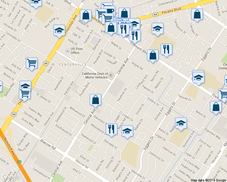 map of restaurants, bars, coffee shops, grocery stores, and more near 4400 Central Avenue in Fremont