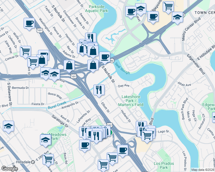 map of restaurants, bars, coffee shops, grocery stores, and more near 2 Waters Park Drive in San Mateo
