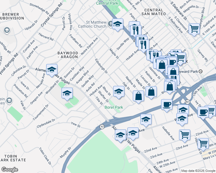 map of restaurants, bars, coffee shops, grocery stores, and more near 1223 Rhus Street in San Mateo