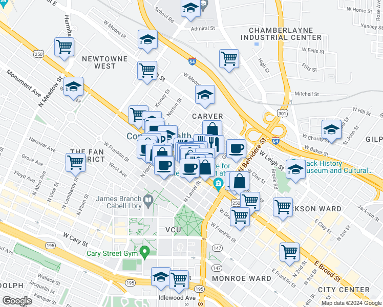 map of restaurants, bars, coffee shops, grocery stores, and more near 909 West Marshall Street in Richmond