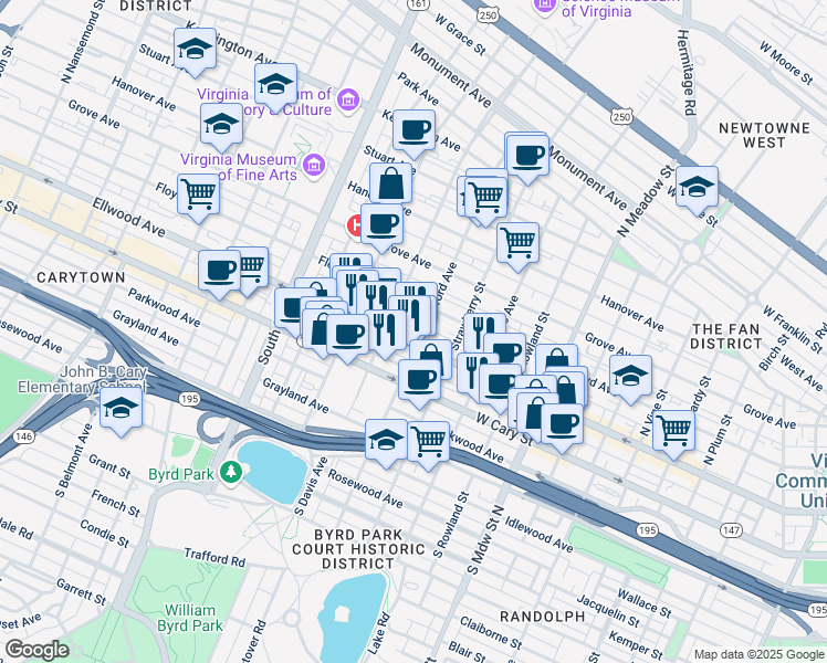 map of restaurants, bars, coffee shops, grocery stores, and more near 1 North Stafford Avenue in Richmond