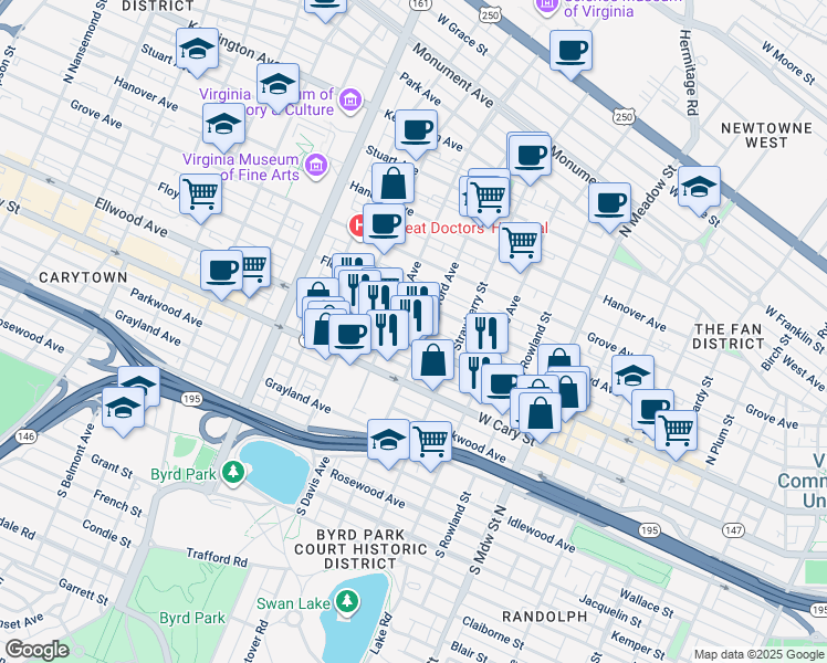 map of restaurants, bars, coffee shops, grocery stores, and more near 1 North Stafford Avenue in Richmond