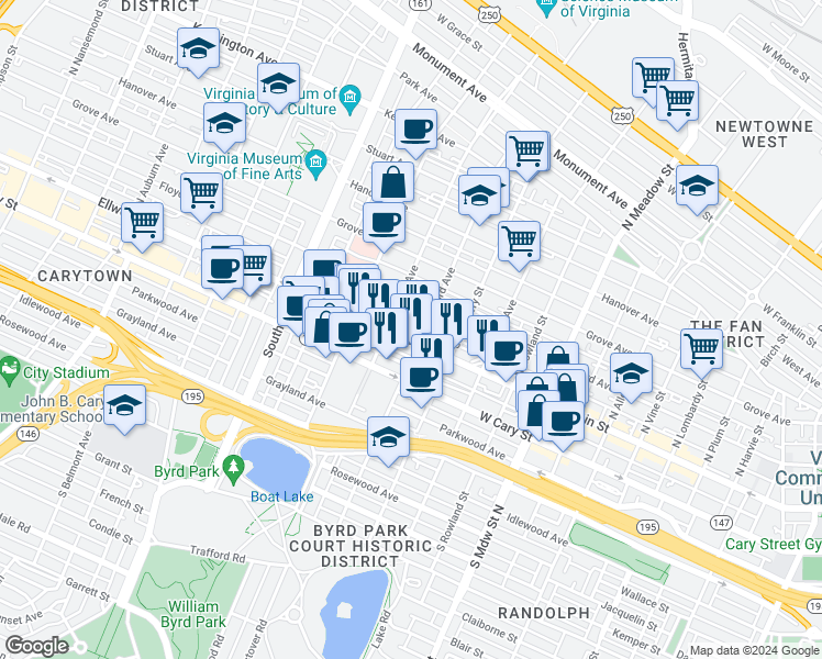 map of restaurants, bars, coffee shops, grocery stores, and more near 1 North Stafford Avenue in Richmond