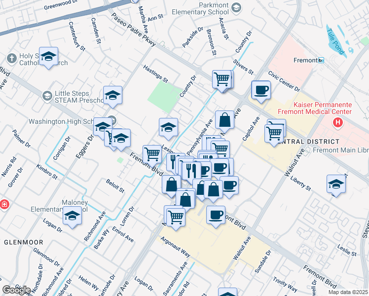 map of restaurants, bars, coffee shops, grocery stores, and more near 38730 Lexington Street in Fremont