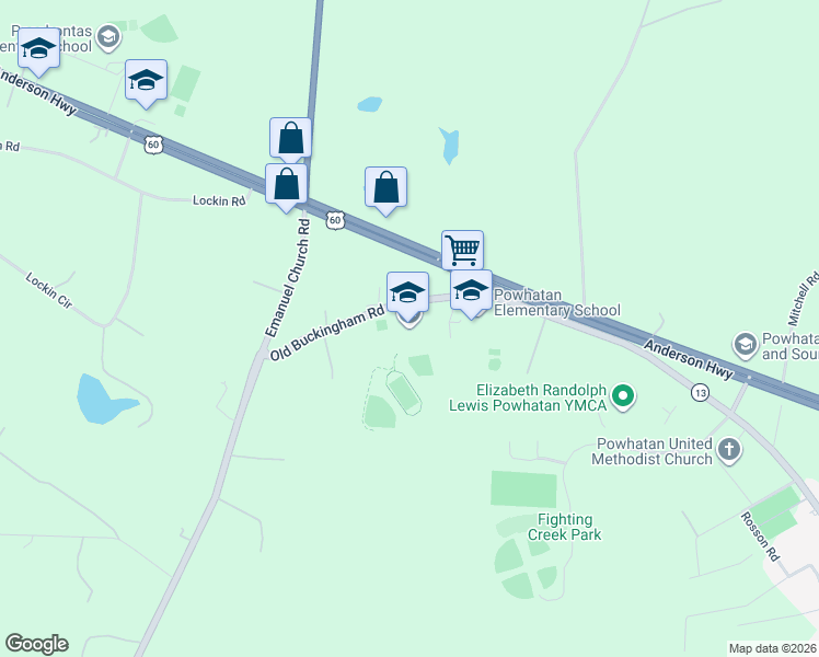 map of restaurants, bars, coffee shops, grocery stores, and more near 4135 Old Buckingham Road in Powhatan