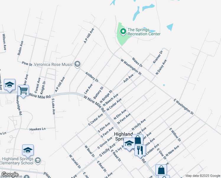 map of restaurants, bars, coffee shops, grocery stores, and more near 102 North Bridge Street in Highland Springs