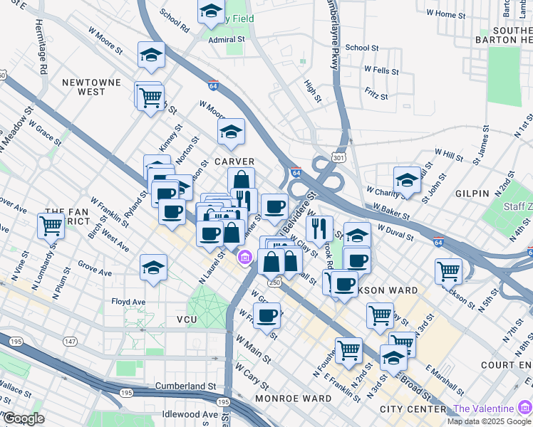 map of restaurants, bars, coffee shops, grocery stores, and more near 724 West Clay Street in Richmond