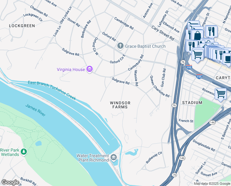 map of restaurants, bars, coffee shops, grocery stores, and more near 306 Clovelly Road in Richmond