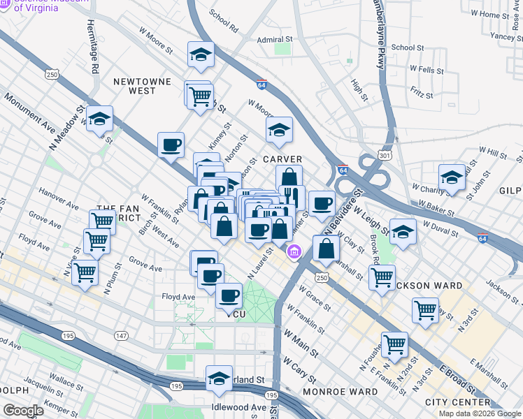 map of restaurants, bars, coffee shops, grocery stores, and more near 909 West Marshall Street in Richmond