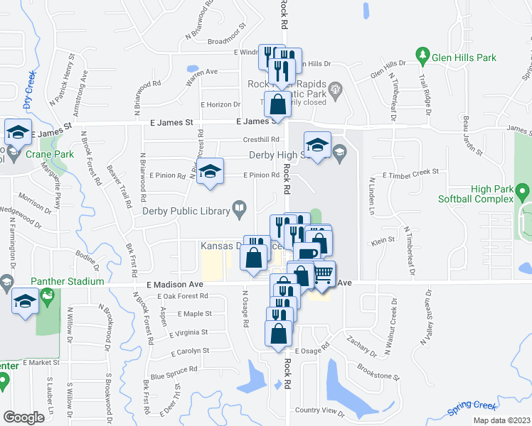 map of restaurants, bars, coffee shops, grocery stores, and more near 1707 Evergreen Court in Derby