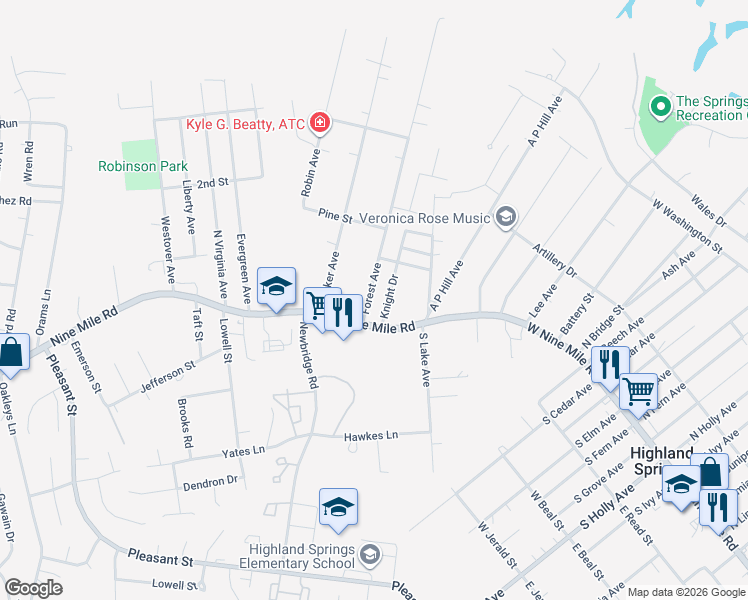 map of restaurants, bars, coffee shops, grocery stores, and more near 6100 Nine Mile Road in Richmond