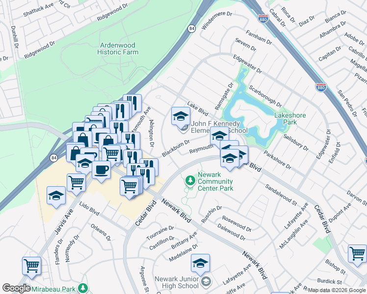 map of restaurants, bars, coffee shops, grocery stores, and more near 35415 Blackburn Drive in Newark