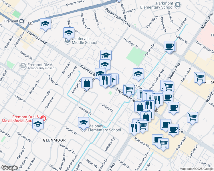 map of restaurants, bars, coffee shops, grocery stores, and more near 38458 Fremont Boulevard in Fremont