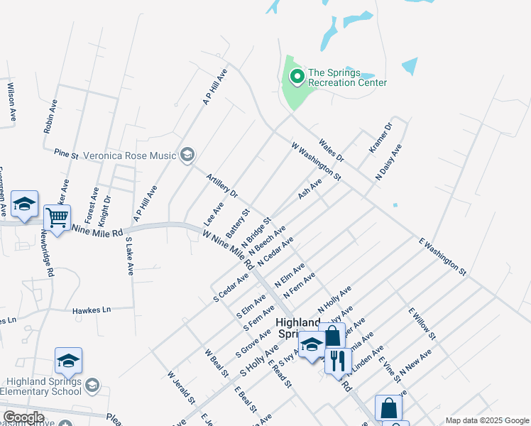 map of restaurants, bars, coffee shops, grocery stores, and more near 102 North Bridge Street in Highland Springs