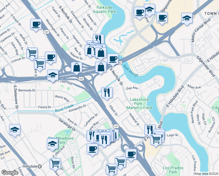 map of restaurants, bars, coffee shops, grocery stores, and more near 3 Waters Park Drive in San Mateo