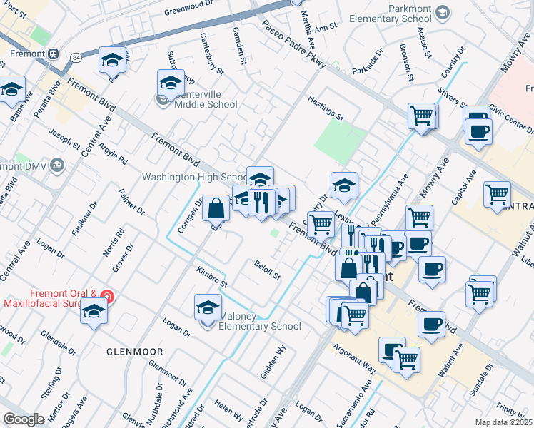 map of restaurants, bars, coffee shops, grocery stores, and more near 38487 Fremont Boulevard in Fremont