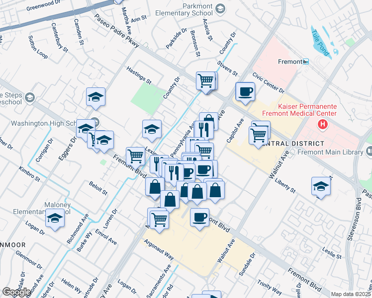 map of restaurants, bars, coffee shops, grocery stores, and more near 3600 Pennsylvania Avenue in Fremont