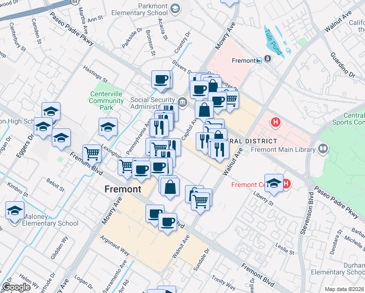 map of restaurants, bars, coffee shops, grocery stores, and more near 49131 Liberty Street in Fremont