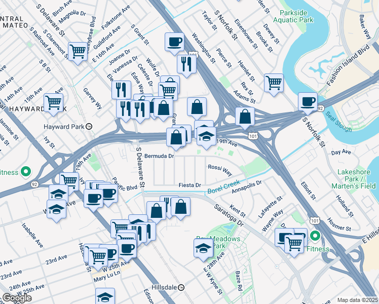 map of restaurants, bars, coffee shops, grocery stores, and more near 2011 Potomac Way in San Mateo
