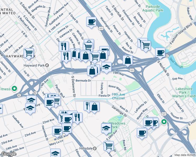 map of restaurants, bars, coffee shops, grocery stores, and more near 2011 Potomac Way in San Mateo