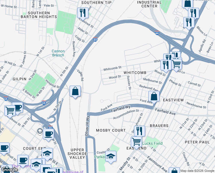 map of restaurants, bars, coffee shops, grocery stores, and more near 1900 Hospital Street in Richmond