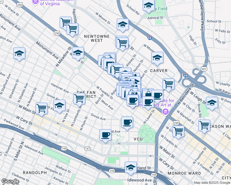 map of restaurants, bars, coffee shops, grocery stores, and more near 1011 West Grace Street in Richmond