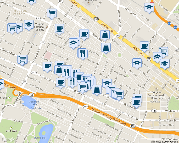 map of restaurants, bars, coffee shops, grocery stores, and more near 2022 Floyd Avenue in Richmond