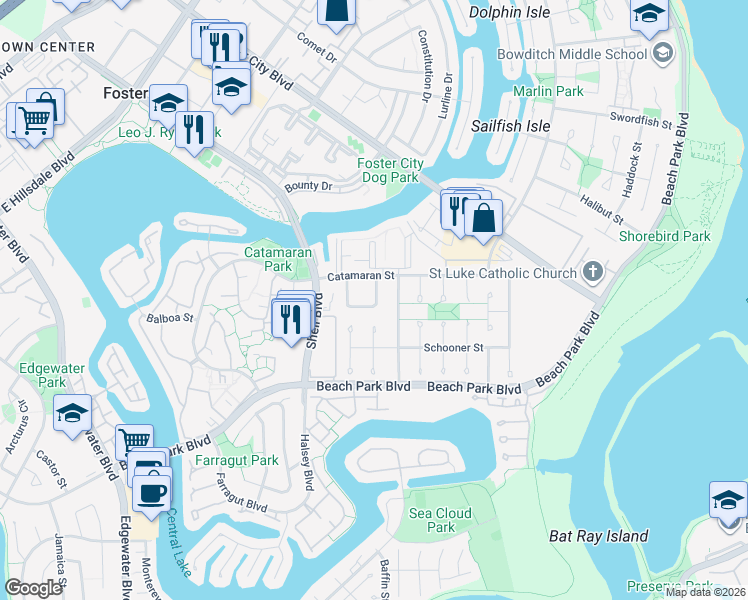 map of restaurants, bars, coffee shops, grocery stores, and more near 142 Barkentine Street in Foster City