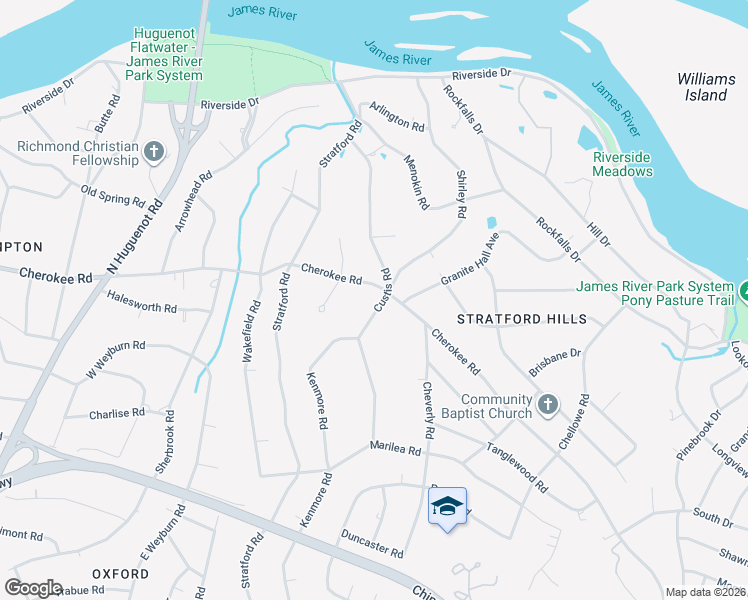 map of restaurants, bars, coffee shops, grocery stores, and more near 4121 Custis Road in Richmond