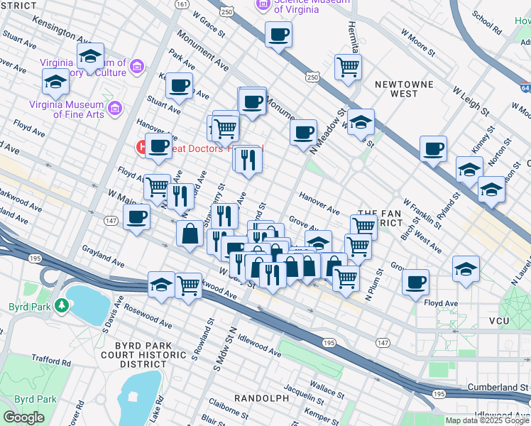 map of restaurants, bars, coffee shops, grocery stores, and more near 2021 Grove Avenue in Richmond
