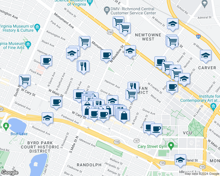 map of restaurants, bars, coffee shops, grocery stores, and more near 205 North Granby Street in Richmond