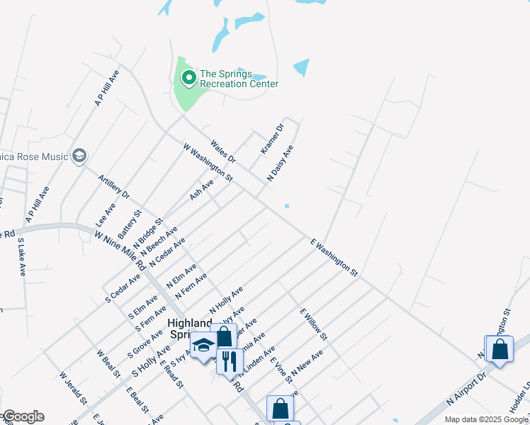 map of restaurants, bars, coffee shops, grocery stores, and more near 221 North Elm Avenue in Highland Springs