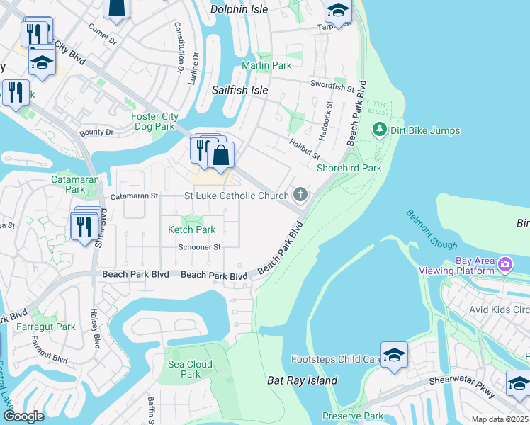 map of restaurants, bars, coffee shops, grocery stores, and more near 1081 Beach Park Boulevard in Foster City