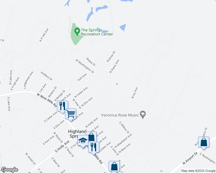 map of restaurants, bars, coffee shops, grocery stores, and more near 221 North Elm Avenue in Highland Springs