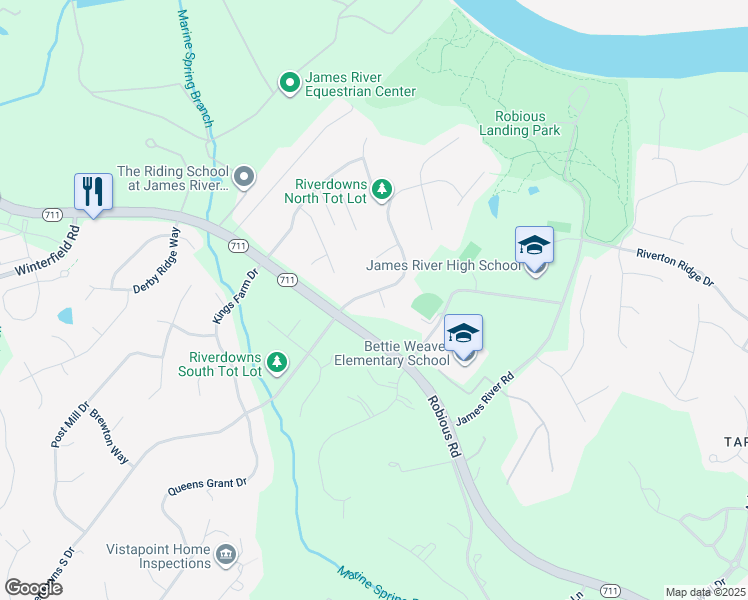 map of restaurants, bars, coffee shops, grocery stores, and more near 13913 Riverdowns North Court in Midlothian