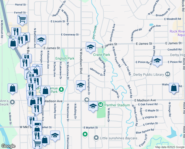 map of restaurants, bars, coffee shops, grocery stores, and more near 913 Wedgewood Dr in Derby