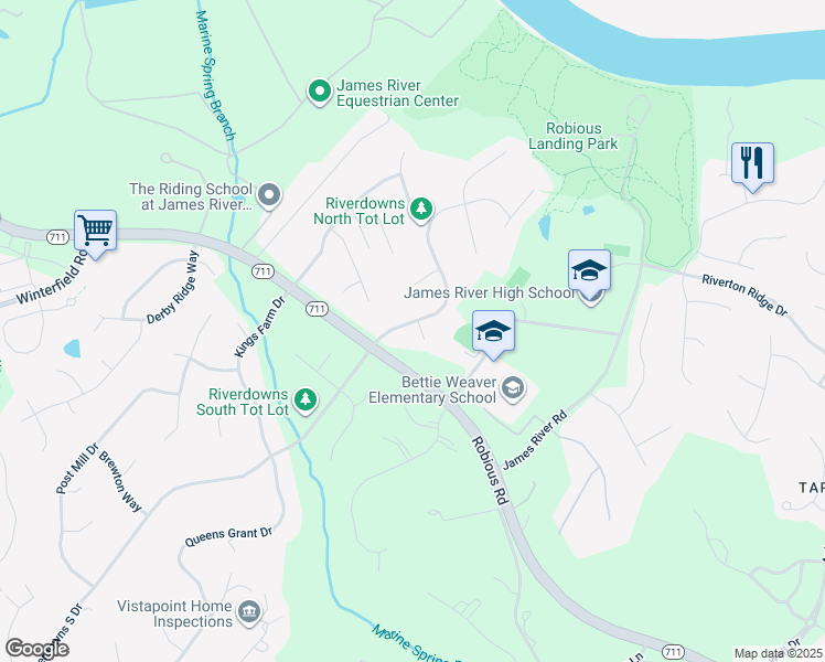 map of restaurants, bars, coffee shops, grocery stores, and more near 13913 Riverdowns North Court in Midlothian