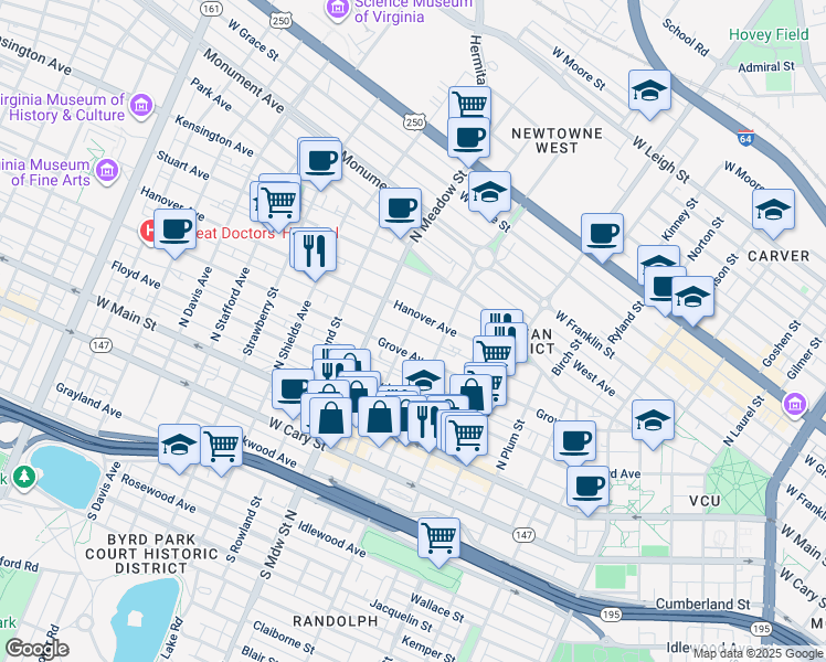 map of restaurants, bars, coffee shops, grocery stores, and more near 205 North Granby Street in Richmond