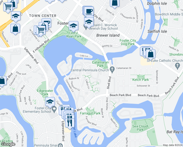 map of restaurants, bars, coffee shops, grocery stores, and more near 843 Cortez Lane in Foster City