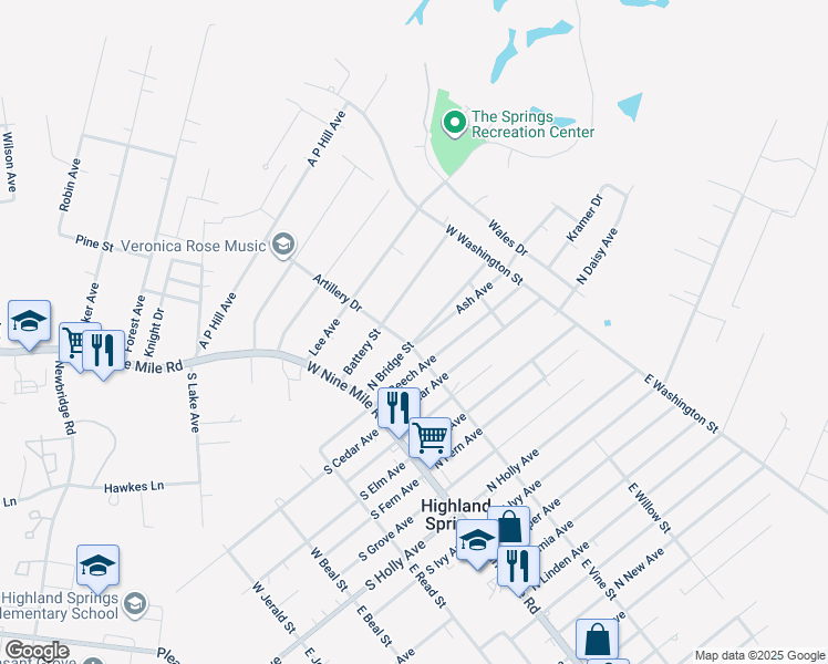 map of restaurants, bars, coffee shops, grocery stores, and more near 104 North Bridge Street in Highland Springs
