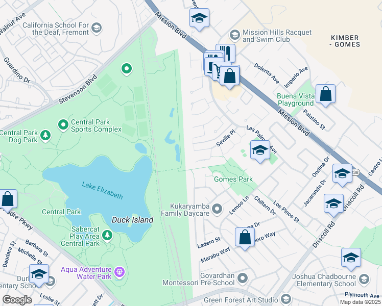 map of restaurants, bars, coffee shops, grocery stores, and more near 992 Seville Place in Fremont