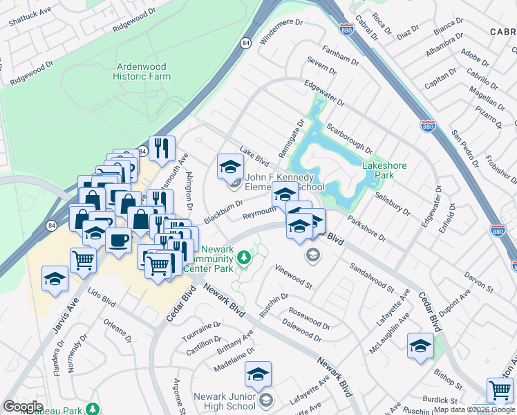map of restaurants, bars, coffee shops, grocery stores, and more near 35524 Reymouth Drive in Newark