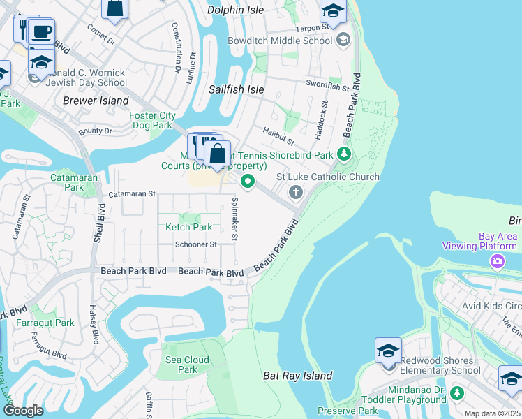 map of restaurants, bars, coffee shops, grocery stores, and more near 1170 Foster City Boulevard in Foster City
