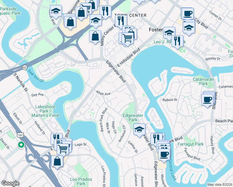 map of restaurants, bars, coffee shops, grocery stores, and more near 758 Neptune Lane in Foster City