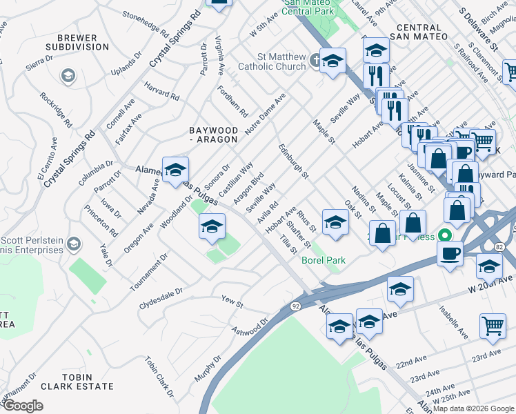 map of restaurants, bars, coffee shops, grocery stores, and more near 526 Avila Road in San Mateo