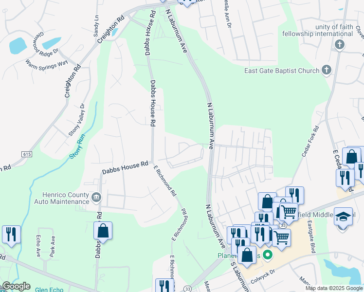 map of restaurants, bars, coffee shops, grocery stores, and more near 500 Kings Tower Place in Richmond