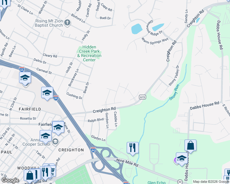 map of restaurants, bars, coffee shops, grocery stores, and more near 3000-3082 Creighton Road in Richmond