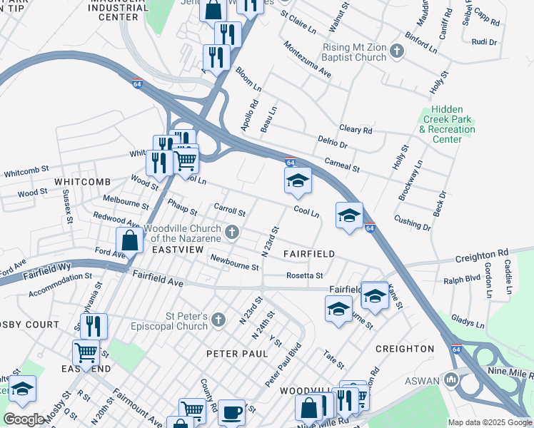 map of restaurants, bars, coffee shops, grocery stores, and more near 2220 Fairfield Avenue in Richmond