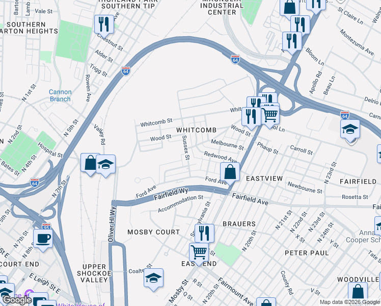 map of restaurants, bars, coffee shops, grocery stores, and more near 1802 Sussex Street in Richmond