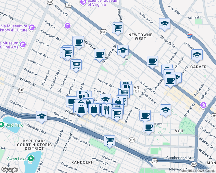 map of restaurants, bars, coffee shops, grocery stores, and more near 203 North Allen Avenue in Richmond